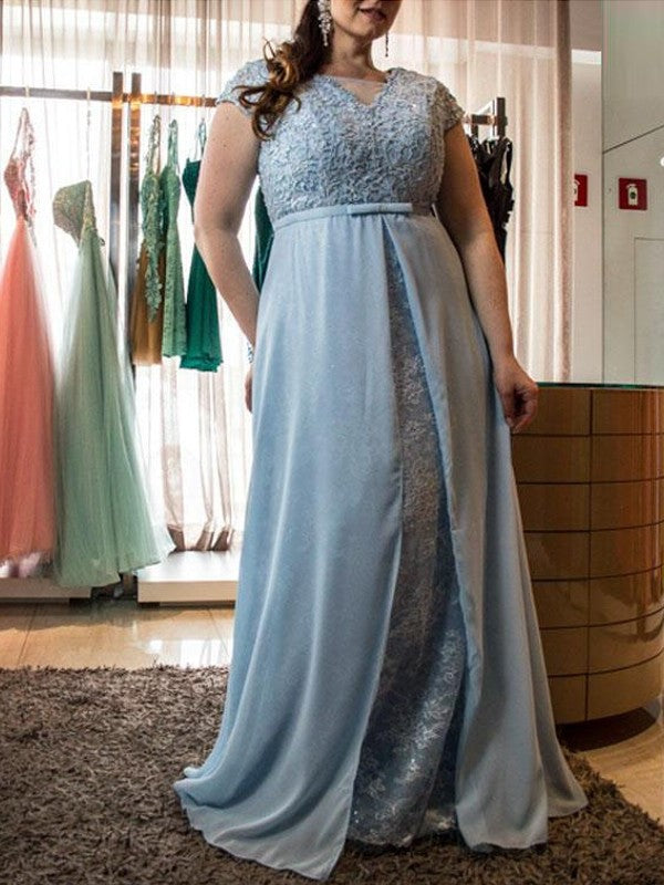 A-Line/Princess Scoop Short Sleeves Lace Floor-Length Chiffon Plus Size Dresses DEP0003589