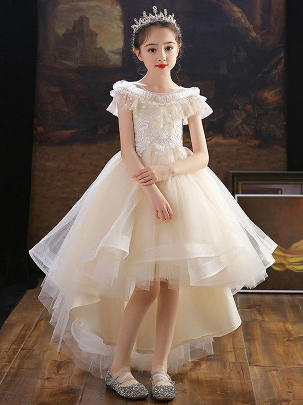 A-Line/Princess Tulle Applique Off-the-Shoulder Short Sleeves Asymmetrical Flower Girl Dresses DEP0007511