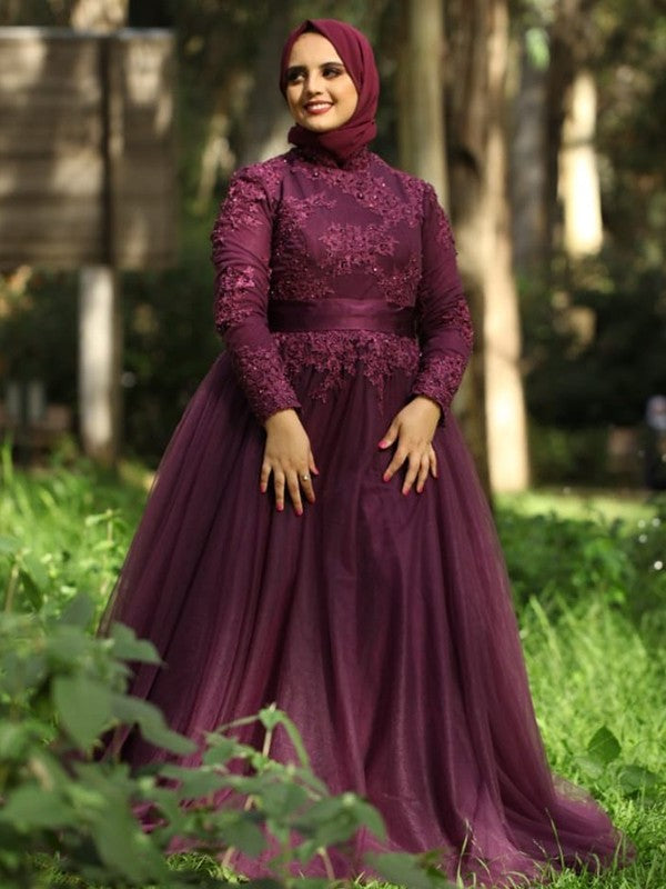 Ball Gown High Neck Tulle Applique Long Sleeves Sweep/Brush Train Muslim Dresses DEP0004669