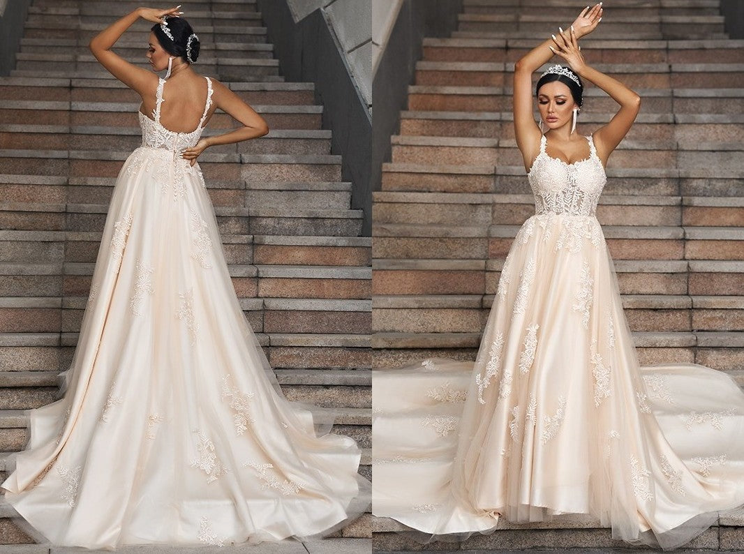 A-Line/Princess Tulle Applique Straps Sleeveless Court Train Wedding Dresses DEP0006403