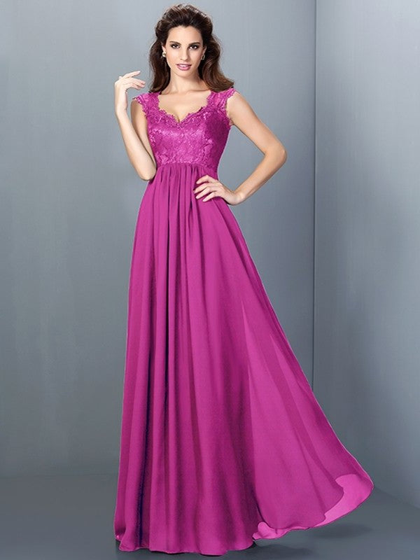 A-Line/Princess Scoop Lace Sleeveless Long Chiffon Bridesmaid Dresses DEP0005303