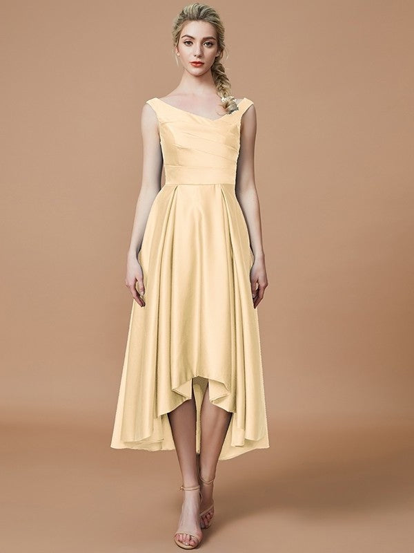 A-Line/Princess V-neck Satin Asymmetrical Sleeveless Bridesmaid Dresses DEP0005395