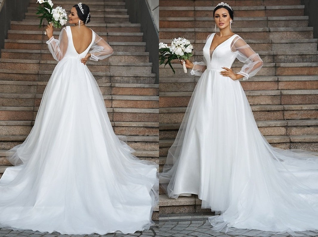 A-Line/Princess Tulle Ruffles V-neck Long Sleeves Court Train Wedding Dresses DEP0006580