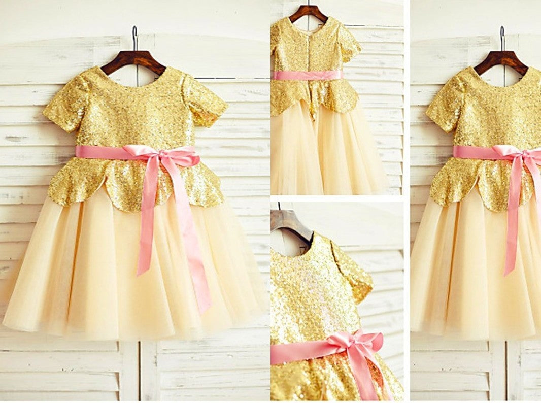 A-line/Princess Scoop Short Sleeves Sequin Tea-Length Tulle Flower Girl Dresses DEP0007926