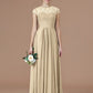 A-Line/Princess Jewel Short Sleeves Lace Floor-Length Chiffon Bridesmaid Dresses DEP0005179