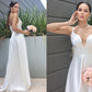 A-Line/Princess Satin Ruched V-neck Sleeveless Sweep/Brush Train Wedding Dresses DEP0007022