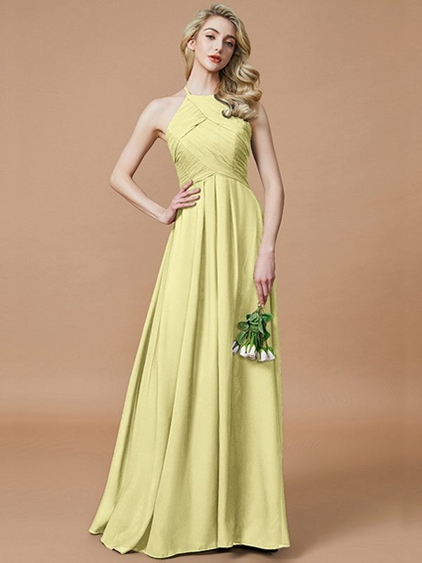 A-Line/Princess Halter Sleeveless Ruched Floor-Length Chiffon Bridesmaid Dresses DEP0005208