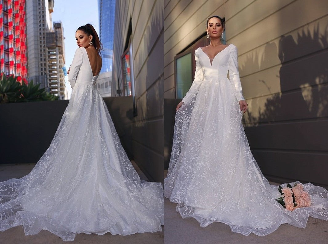 A-Line/Princess V-neck Long Sleeves Lace Applique Sweep/Brush Train Wedding Dresses DEP0005920