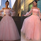 Ball Gown Hand-Made Flower Tulle Long Sleeves Off-the-Shoulder Floor-Length Dresses DEP0001485