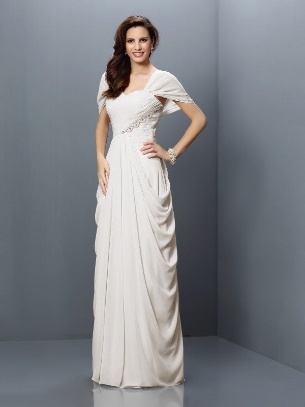 A-Line/Princess Sweetheart Pleats Short Sleeves Long Chiffon Bridesmaid Dresses DEP0005228