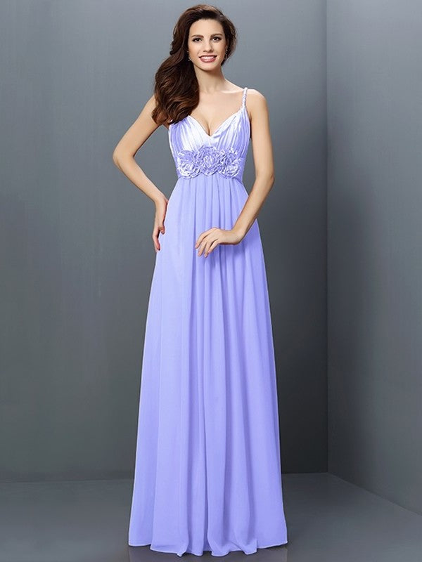 A-Line/Princess V-neck Hand-Made Flower Sleeveless Long Chiffon Bridesmaid Dresses DEP0005634