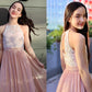 A-Line/Princess Chiffon Lace Halter Sleeveless Floor-Length Junior/Girls Bridesmaid Dresses DEP0005832