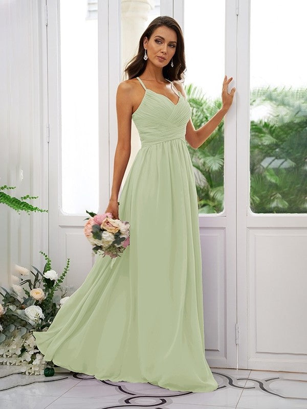 A-Line/Princess Chiffon Ruched V-neck Sleeveless Floor-Length Bridesmaid Dresses DEP0004928