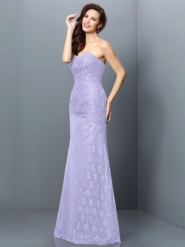 A-Line/Princess Sweetheart Lace Sleeveless Long Satin Bridesmaid Dresses DEP0005630