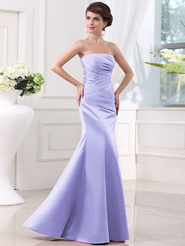 Sheath/Column Strapless Sleeveless Long Pleats Satin Bridesmaid Dresses DEP0005434