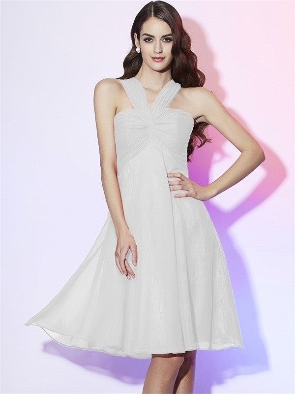 A-Line/Princess Halter Sleeveless Pleats Short Chiffon Bridesmaid Dresses DEP0005098