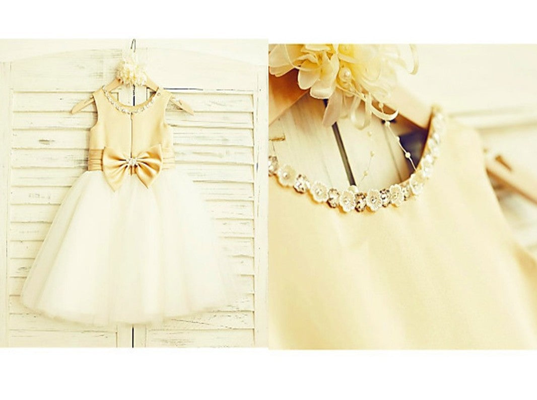 A-line/Princess Scoop Sleeveless Bowknot Tea-Length Tulle Flower Girl Dresses DEP0007712