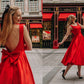 A-Line/Princess Satin Square Bowknot Sleeveless Tea-Length Homecoming Dresses DEP0004392