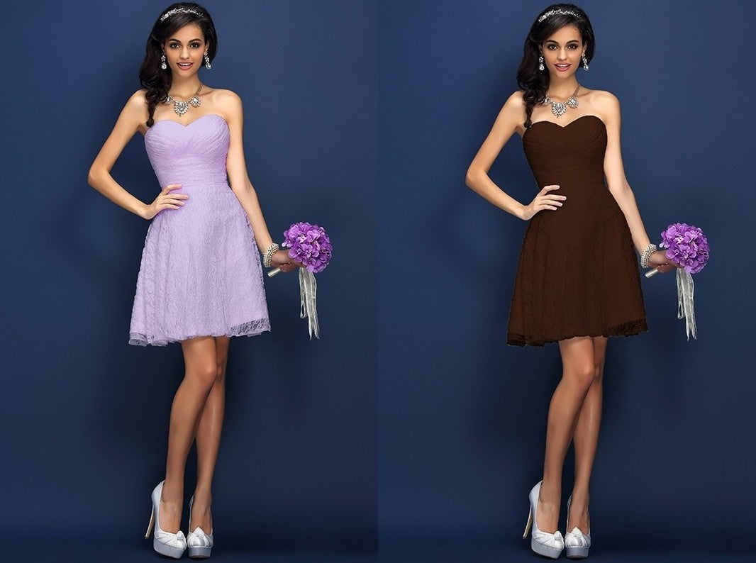 A-Line/Princess Sweetheart Lace Pleats Sleeveless Short Satin Bridesmaid Dresses DEP0005420