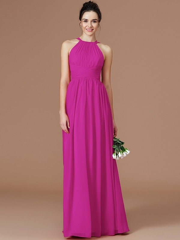 A-Line/Princess Halter Sleeveless Ruched Floor-Length Chiffon Bridesmaid Dresses DEP0005272