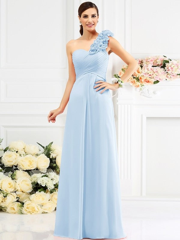 A-Line/Princess One-Shoulder Hand-Made Flower Sleeveless Long Chiffon Bridesmaid Dresses DEP0005311