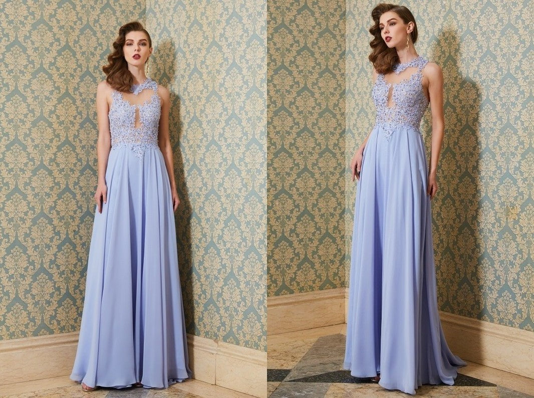 A-Line/Princess Scoop Sleeveless Floor-Length Applique Chiffon Dresses DEP0002687