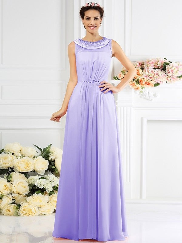 A-Line/Princess Bateau Beading Sleeveless Long Chiffon Bridesmaid Dresses DEP0005545
