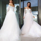 A-Line/Princess Long Sleeves Tulle Applique Off-the-Shoulder Court Train Wedding Dresses DEP0005989