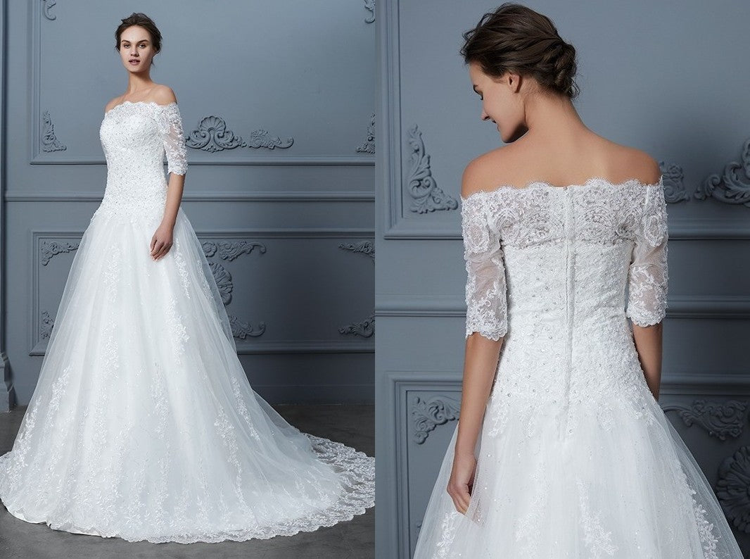 Ball Gown Off-the-Shoulder 1/2 Sleeves Beading Court Train Lace Wedding Dresses DEP0006404