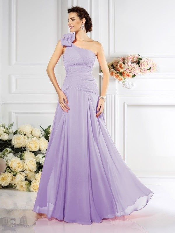 A-Line/Princess One-Shoulder Pleats Sleeveless Long Chiffon Bridesmaid Dresses DEP0005496