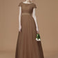 A-Line/Princess Bateau Short Sleeves Floor-Length Sash/Ribbon/Belt Tulle Bridesmaid Dresses DEP0005494