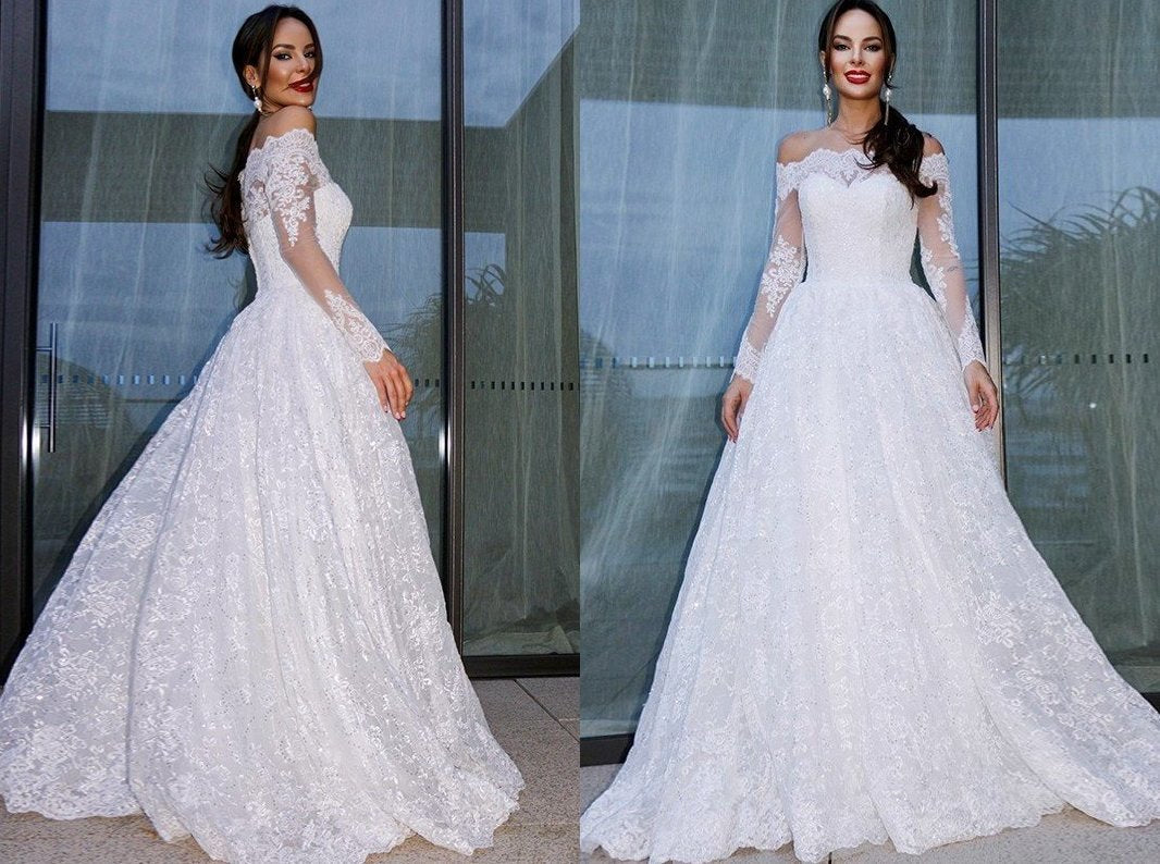 Ball Gown Bateau Long Sleeves Lace Floor-Length Wedding Dresses DEP0006346