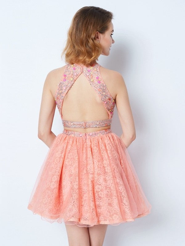 A-Line/Princess Jewel Sleeveless Lace Beading Short/Mini Two Piece Dresses DEP0008815