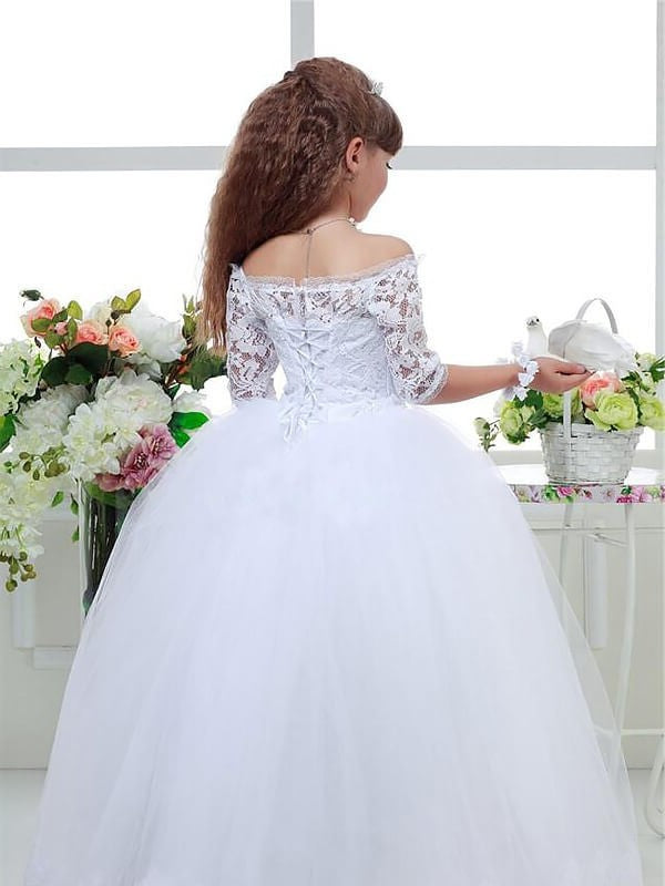 Ball Gown Off-the-Shoulder 1/2 Sleeves Lace Floor-Length Tulle Flower Girl Dresses DEP0007578