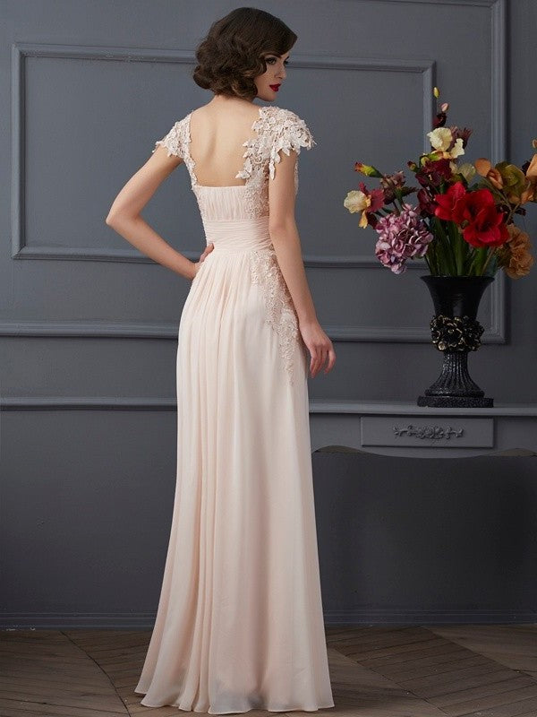 A-Line/Princess Square Short Sleeves Lace Long Chiffon Dresses DEP0002685