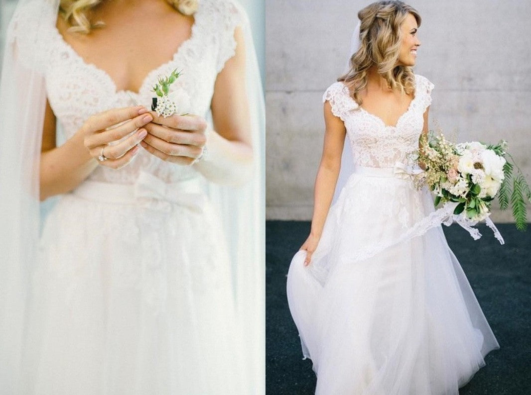 A-Line/Princess V-neck Floor-Length Sleeveless Lace Tulle Wedding Dresses DEP0006104