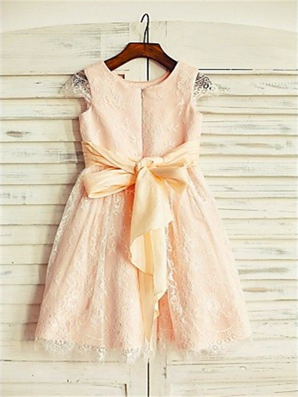 A-line/Princess Scoop Short Sleeves Sash/Ribbon/Belt Tea-Length Lace Flower Girl Dresses DEP0007879