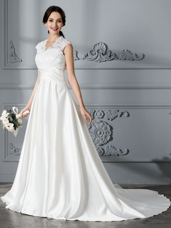 Ball Gown V-neck Sleeveless Court Train Satin Wedding Dresses DEP0006736