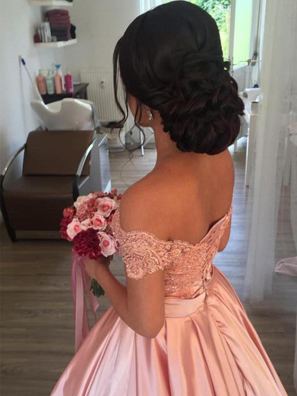 Ball Gown Sleeveless Off-the-Shoulder Satin Ruffles Cathedral Train Wedding Dresses DEP0006687