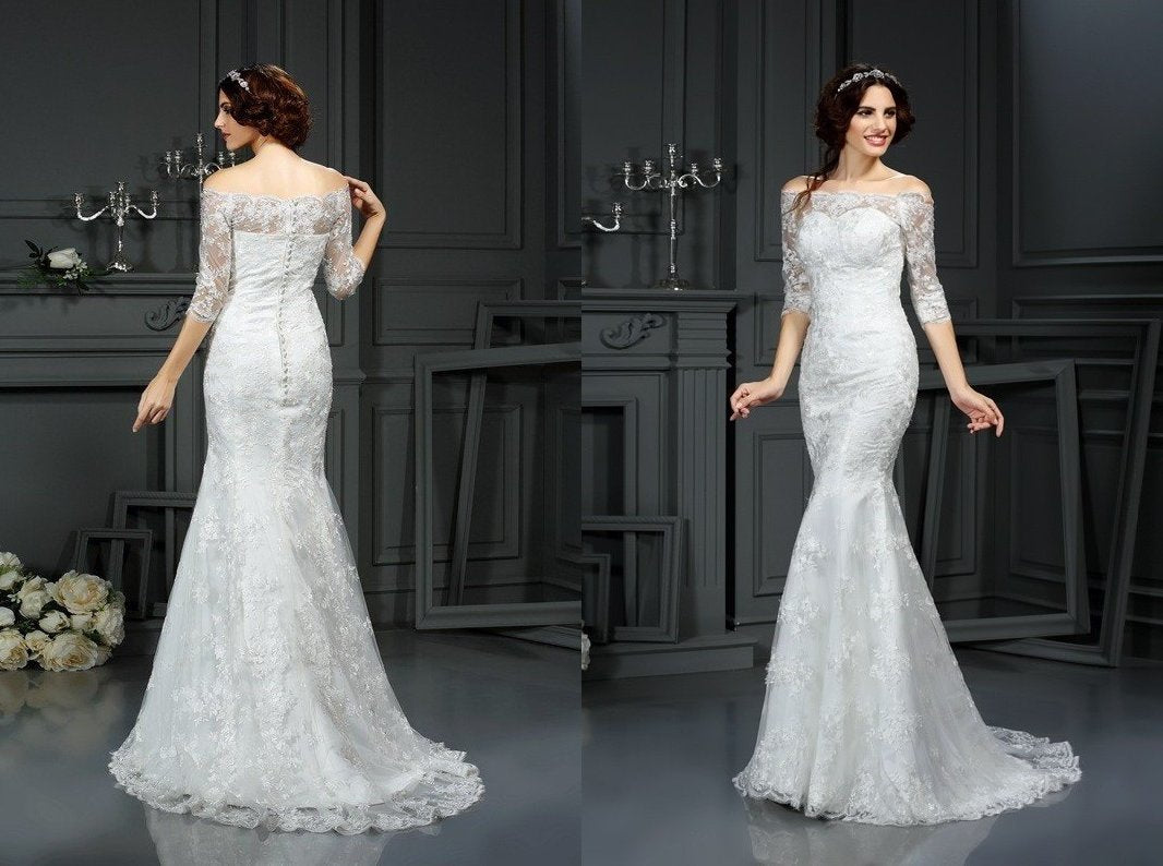 Sheath/Column Off-the-Shoulder Lace 1/2 Sleeves Long Lace Wedding Dresses DEP0006408