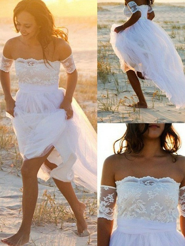 A-Line/Princess Chiffon Sleeveless Off-the-Shoulder Lace Floor-Length Wedding Dresses DEP0006276