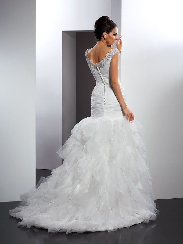 Trumpet/Mermaid V-neck Applique Sleeveless Long Tulle Wedding Dresses DEP0006631