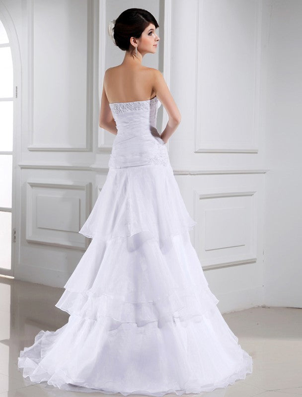 A-Line/Princess Beading Sleeveless Organza Strapless Long Wedding Dresses DEP0006997