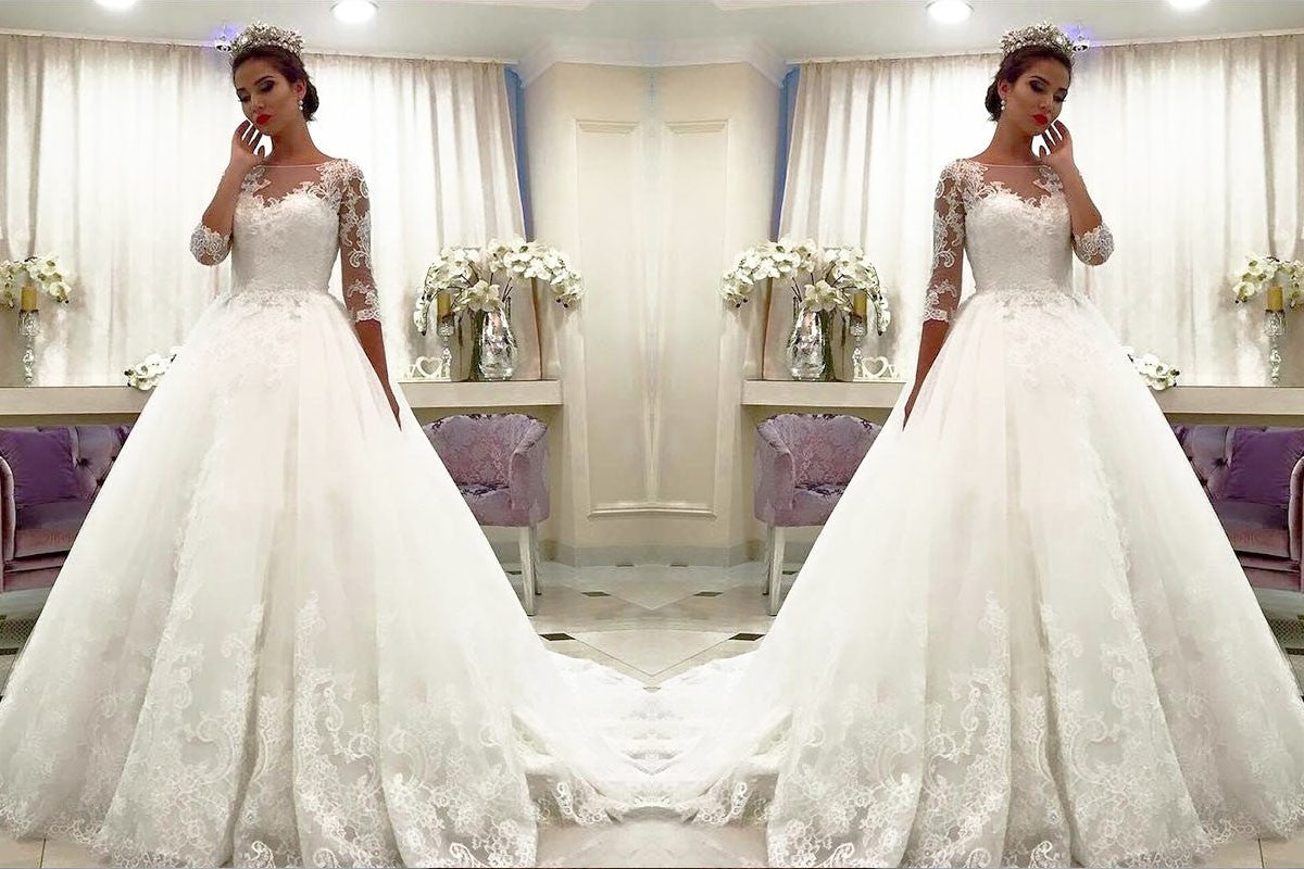 Ball Gown Tulle 3/4 Sleeves Bateau Lace Court Train Wedding Dresses DEP0006114