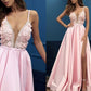 A-Line/Princess V-neck Applique Satin Sleeveless Floor-Length Dresses DEP0004186