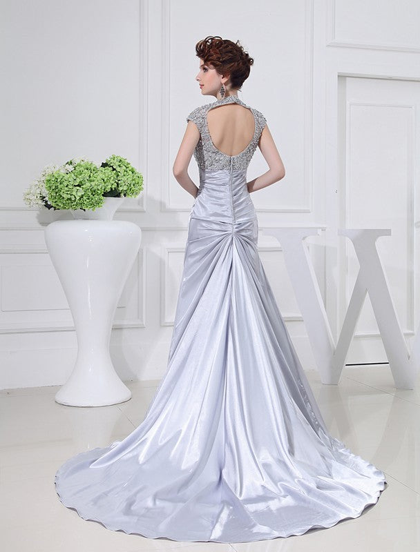 A-Line/Princess Scoop Long Beading Lace Elastic Woven Satin Dresses DEP0004340