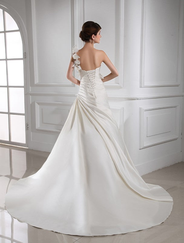 A-Line/Princess One-shoulder Hand-made Flower Sleeveless Satin Wedding Dresses DEP0006980