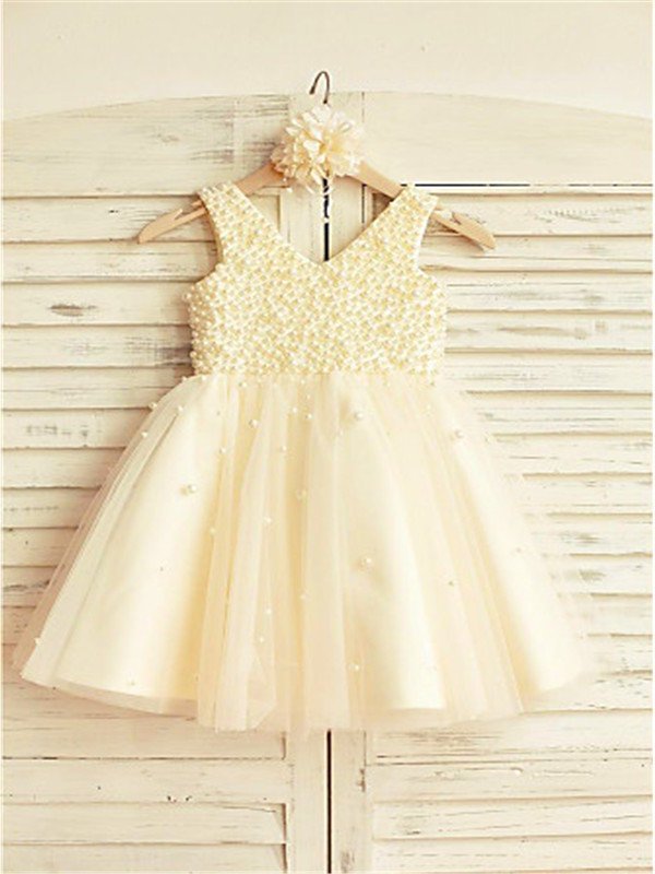 A-line/Princess V-neck Sleeveless Pearls Tea-Length Tulle Flower Girl Dresses DEP0007688