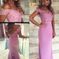 Sheath/Column Off-the-Shoulder Sleeveless Lace Floor-Length Elastic Woven Satin Dresses DEP0001979