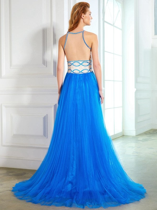 A-Line/Princess Jewel Beading Sleeveless Floor-Length Net Dresses DEP0004362